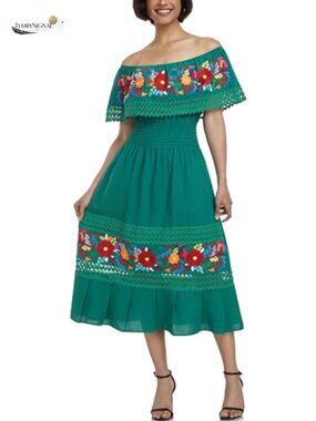 Embroidered Mexican Peasant Dress Off-Shoulder 100% Cotton Maxi